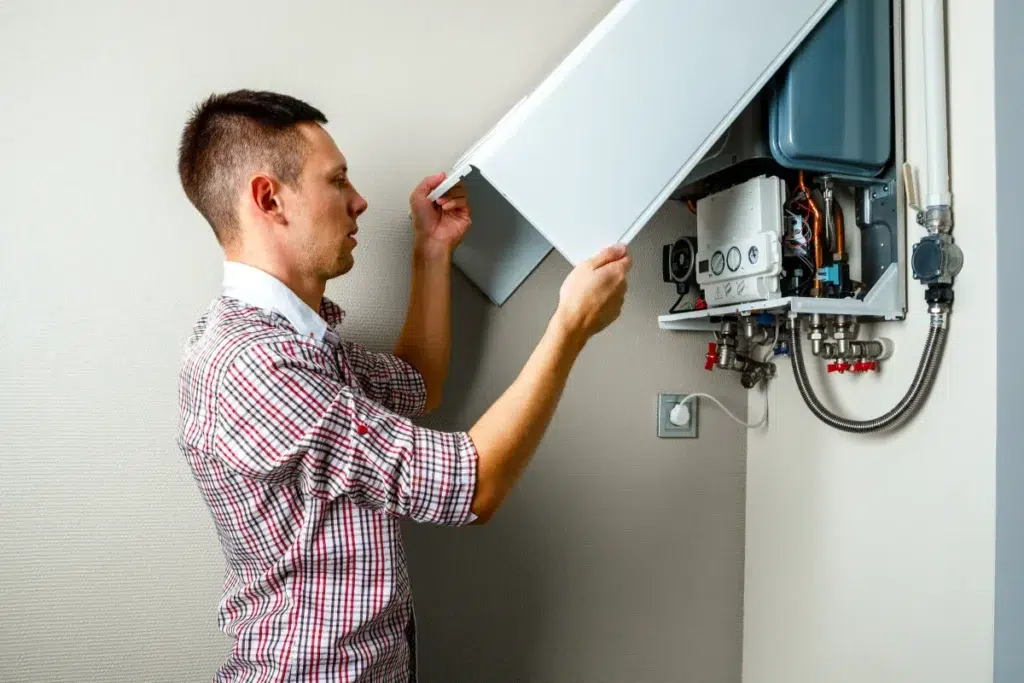 plumber attaches trying fix problem with residential heating equipment repair gas boiler 1