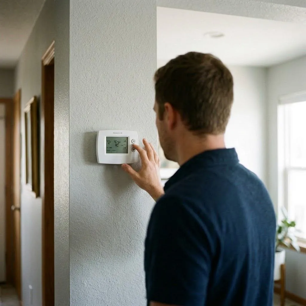 AC Maintenance Tips Every San Antonio Homeowner Should Know 1 Man adjusting home thermostat